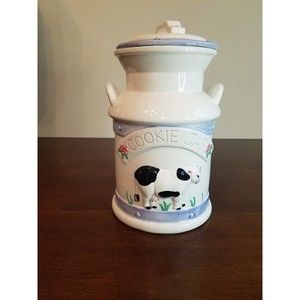 Large Ceramic Milk Can Cookie Jar With the Blue Cow Motif